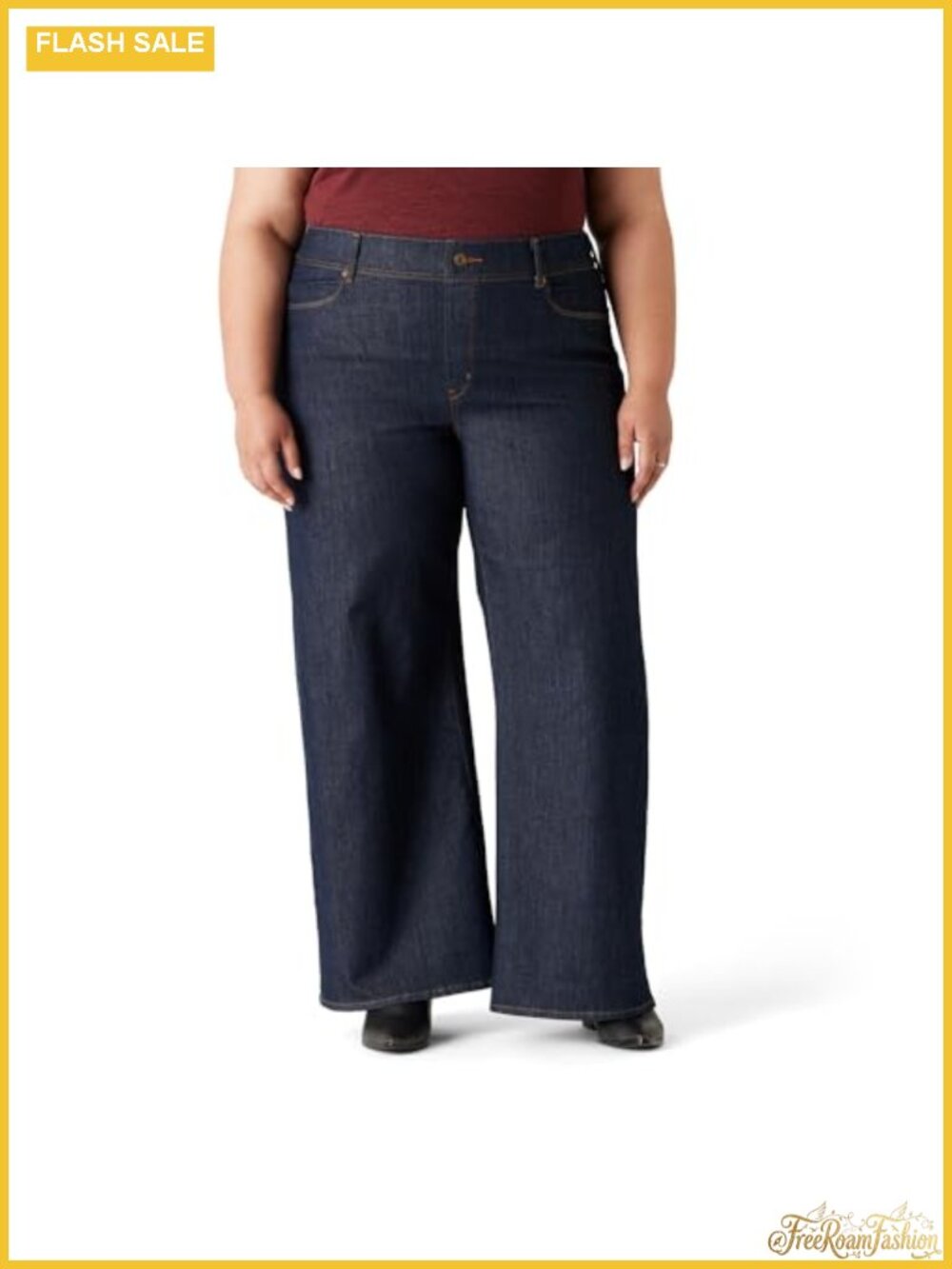 Women's Pull-On Wide Leg Jeans Mid Rise Stretch Cotton Blend Slim Hip Thigh
